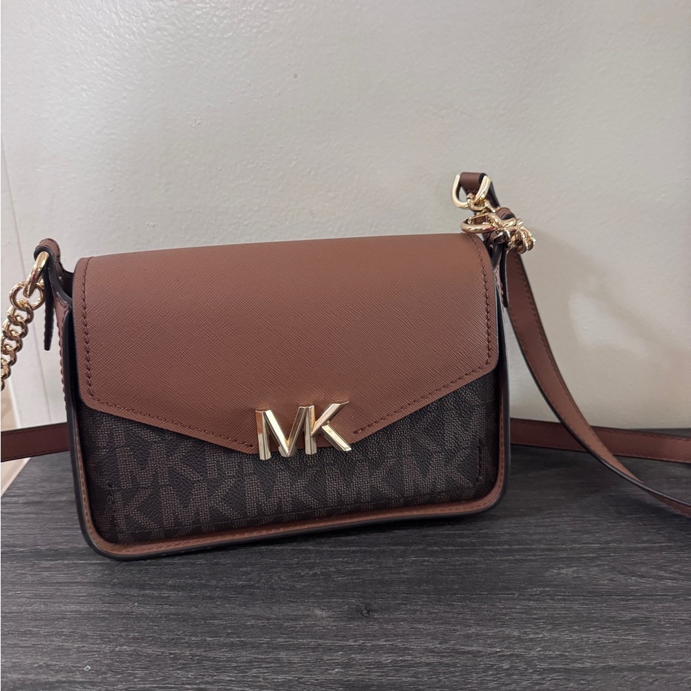 Michael Kors Brown and Dark Brown MK Logo Crossbody Bag